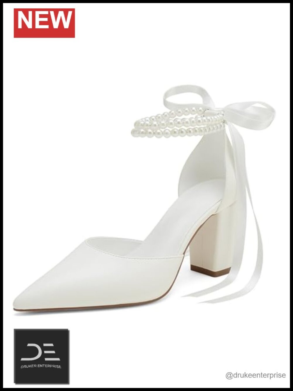 Ivory Pearl Satin Block High Heels Wedding Shoes Chunky Heels Pumps